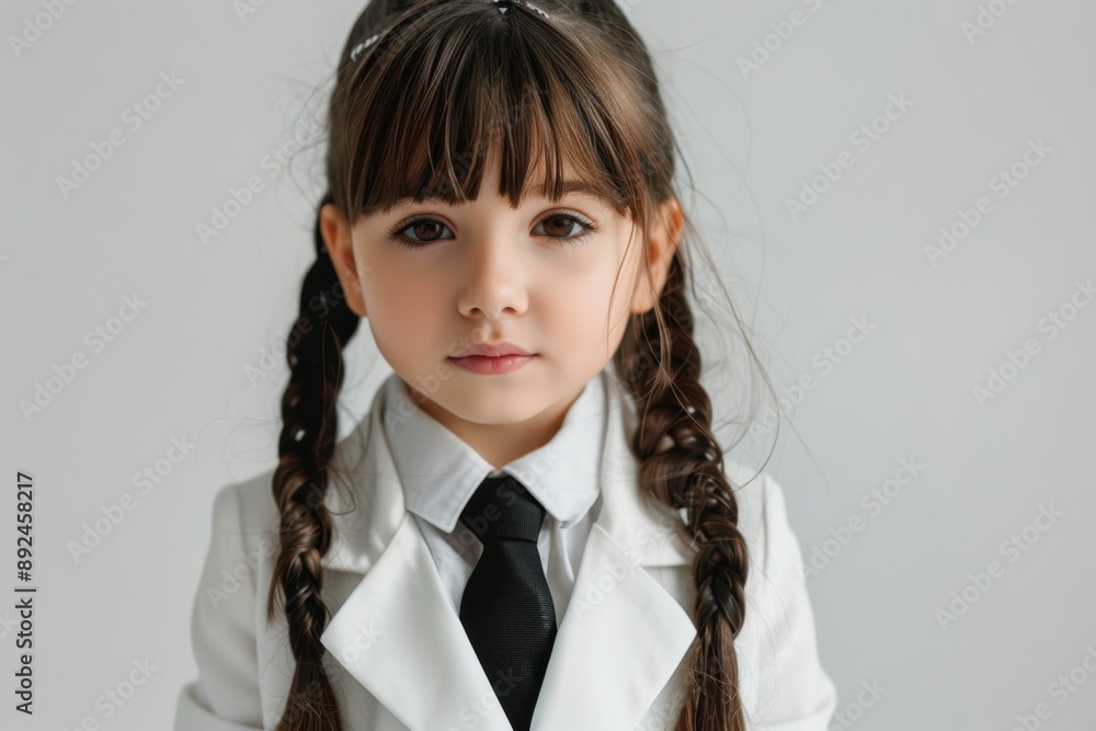 young caucasian girl with neatly styled hair and bright color eyes poses confidently in her school uniform. Her soft smile and tidy appearance make her look both adorable and mature. young caucasian girl with neatly styled hair and bright color eyes poses confidently in her school uniform. Her soft smile and tidy appearance make her look both adorable and mature.