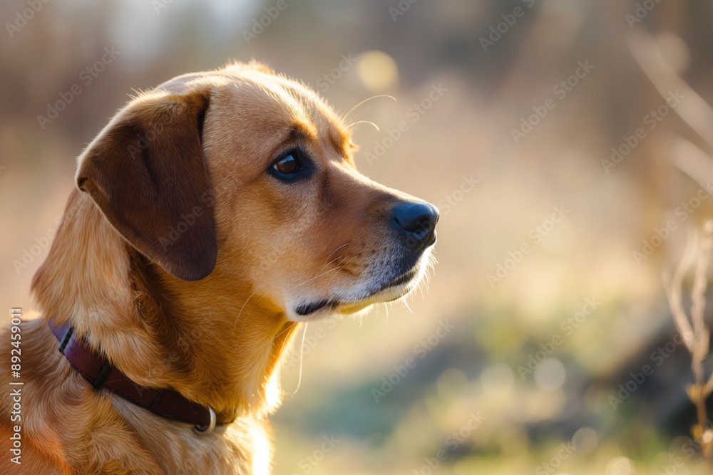 Profile view golden retriever dog wearing collar standing attentively sunlit field Profile view golden retriever dog wearing collar standing attentively sunlit field