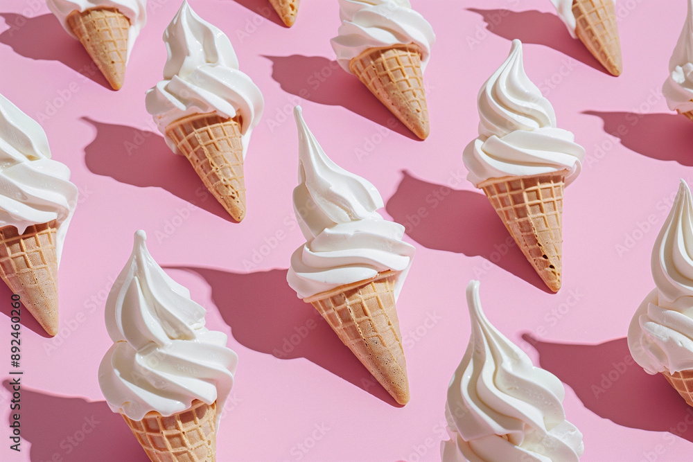 Vanilla ice cream cones on a pink background. Concept summer ornament for backgrounds, backdrops and wallpapers Vanilla ice cream cones on a pink background. Concept summer ornament for backgrounds, backdrops and wallpapers
