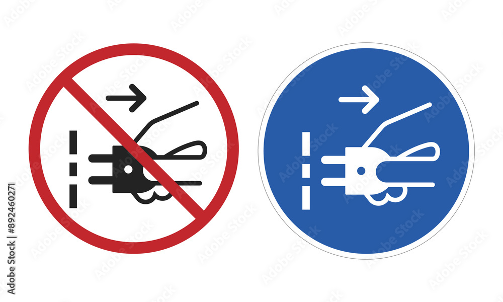Bundle circle sign do not unplugged and please unplug electrical equipment form electric socket in yellow red prohibition and blue instruction sticker Bundle circle sign do not unplugged and please unplug electrical equipment form electric socket in yellow red prohibition and blue instruction sticker