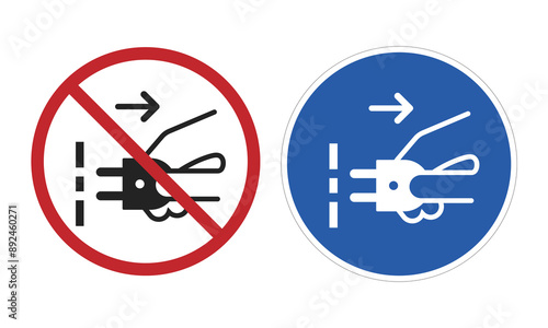Bundle circle sign do not unplugged and please unplug electrical equipment form electric socket in yellow red prohibition and blue instruction sticker