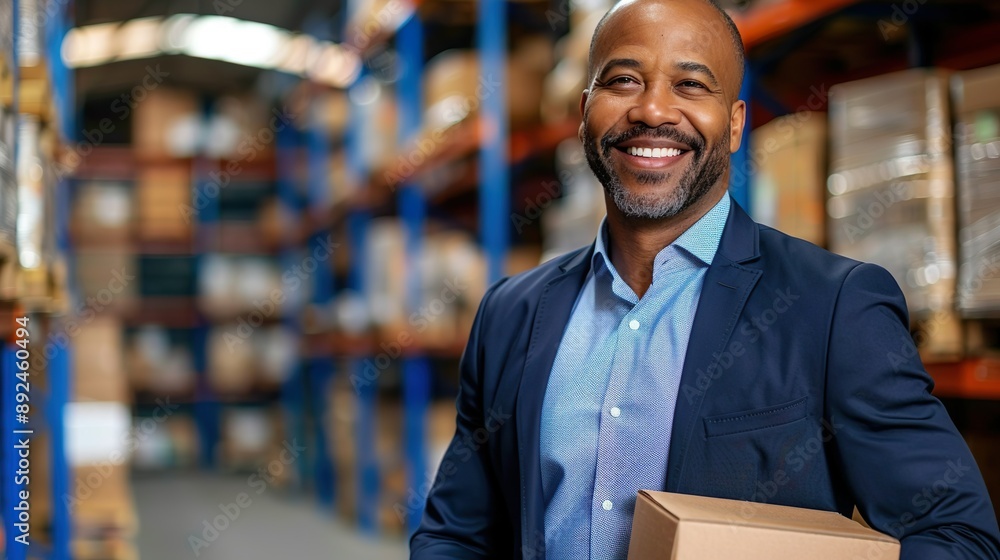 Fototapeta premium Smiling Logistics Manager Holding Box in Warehouse Facility