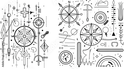 A modern illustration set including a journey navigation sign, a travels compass