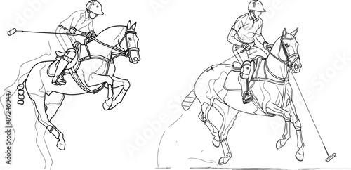 A horseback riding and horse polo set with continuous line drawing of the rider, saddle, trot