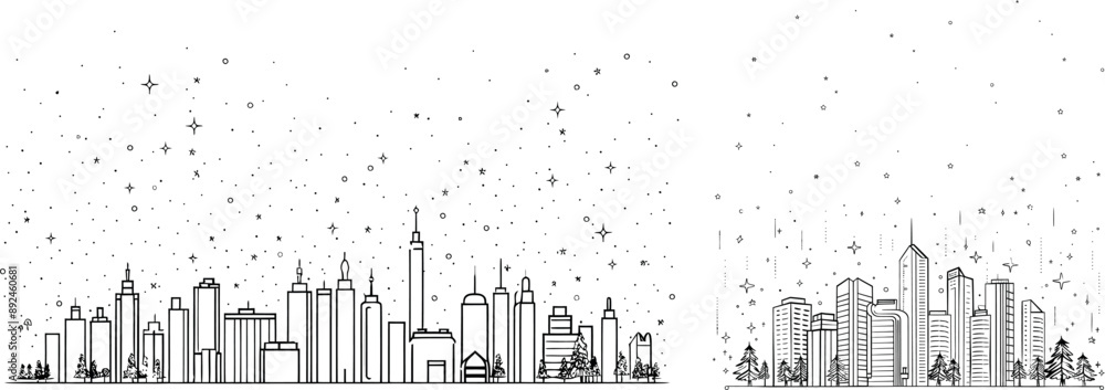 Obraz premium Modern illustration of minimalist style of city view decorative elements drawn as one continuous line.