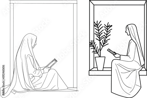The drawing is a continuous one line drawing of an Arabian woman on a windowsill reading a book with a cup