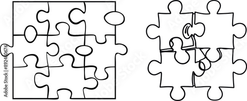 The line art depicts three puzzle pieces connected to each other. Abstract one line drawing of jigsaw pieces.