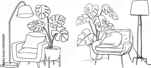 Editable line drawing of chair, plant, lamp, carpet, and carpet. Modern living room with colors and abstract shapes. photo