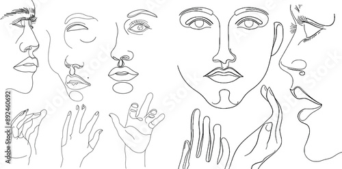 One line drawing of the five human senses. Smell, taste, look, hear.
