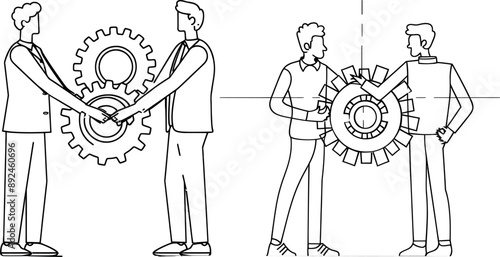 Businessman and teammates connecting cogwheel gears together as part of an integration partnership.