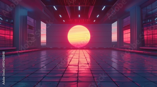 A large red sun is in the center of a room with a blue sky background