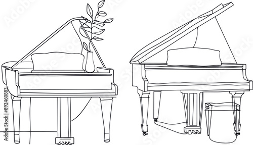 Continuous line drawing of a piano using a classic, musician, acoustic, chord, antique, music, keyboard, jazz