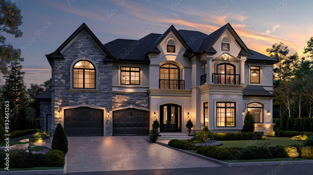 Luxury House with Stone Facade and Landscaping at Twilight. Luxury House with Stone Facade and Landscaping at Twilight.