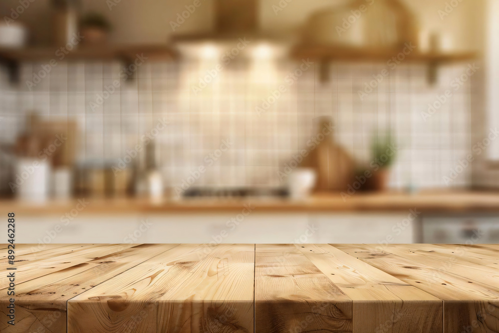 Wooden Tabletop in Blurred Kitchen Background. Wooden Tabletop in Blurred Kitchen Background.
