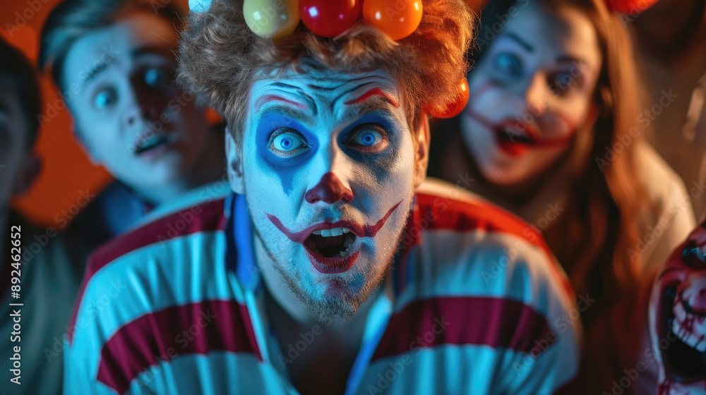A clown in a red and white striped shirt looks shocked and scared, surrounded by his friends who are also afraid A clown in a red and white striped shirt looks shocked and scared, surrounded by his friends who are also afraid