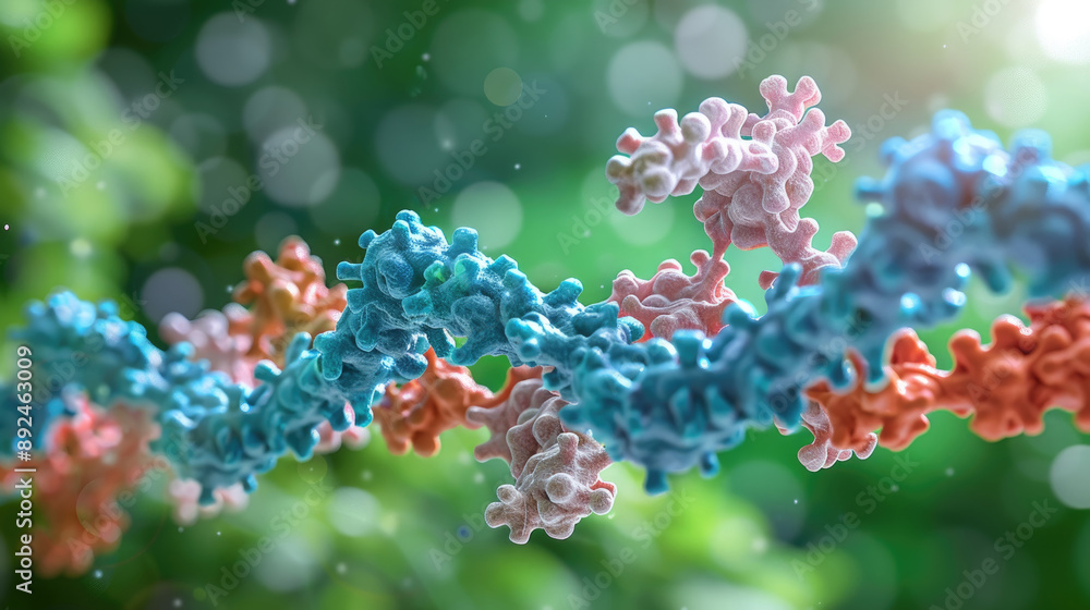 A computer-generated image of a colorful protein chain, with a blurred green background A computer-generated image of a colorful protein chain, with a blurred green background