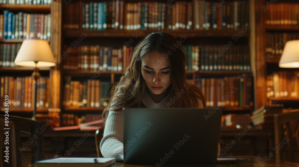 A tranquil woman engrossed in laptop work in a classical library, surrounded by timeless books and elegant architecture, embodying a harmonious blend of modern technology and historic ambiance. A tranquil woman engrossed in laptop work in a classical library, surrounded by timeless books and elegant architecture, embodying a harmonious blend of modern technology and historic ambiance.
