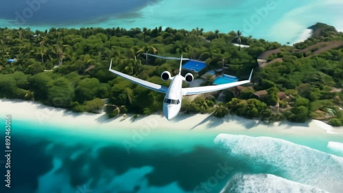 Wallpaper Mural Airplane flying over tropical islands with clear blue water and lush greenery Torontodigital.ca
