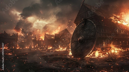 Viking shield and burning village. Fiery embers swirl amidst destruction after a war. Atmospheric battle scene for the background of a wallpaper. Dramatic historical conflict. Norse raid aftermath.