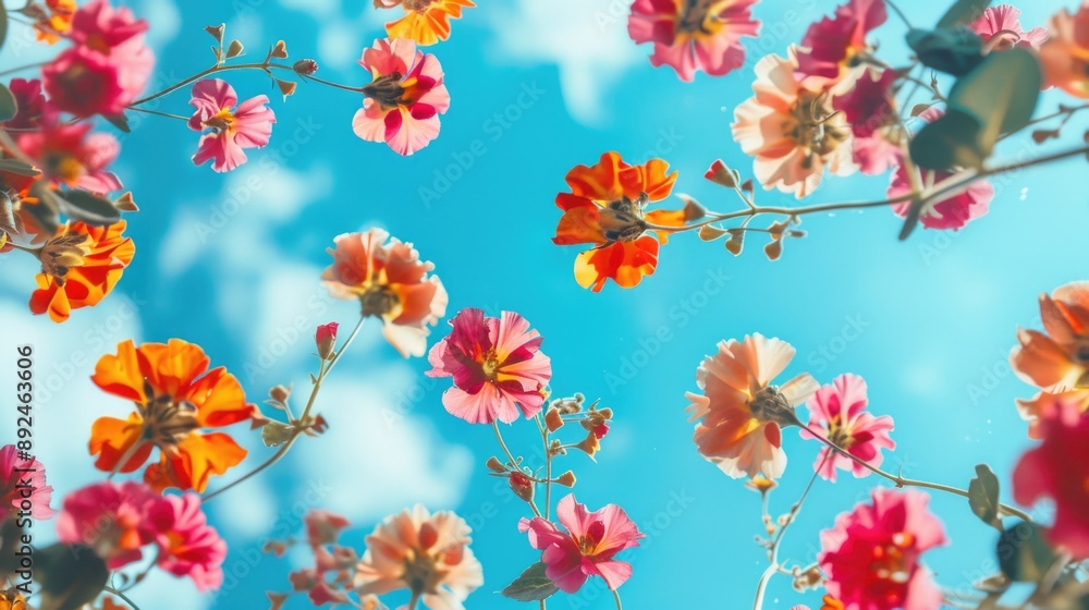 A beautiful bouquet of pink and orange flowers set against a bright blue sky A beautiful bouquet of pink and orange flowers set against a bright blue sky