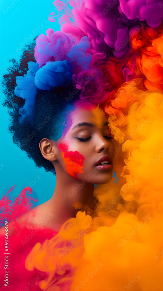 Female face in rainbow multi-colored smoke on a blue background. Concept design for print, wallpaper and background Female face in rainbow multi-colored smoke on a blue background. Concept design for print, wallpaper and background