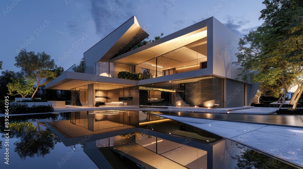 Fototapeta premium Modern luxury suburban home featuring a minimalist design with sharp architectural angles and a reflective water feature Space for text included