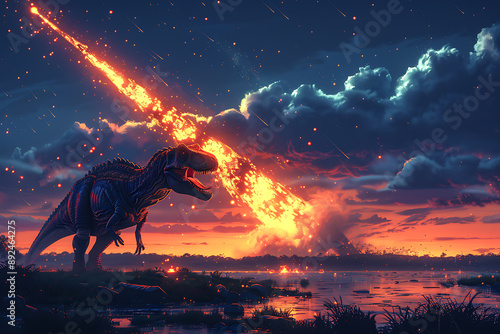 Fototapeta Naklejka Na Ścianę i Meble -  A huge impact of a meteorite that fell on the earth 66 million years ago, which led to the extinction of the dinosaurs and drastic changes in the Earth's environment