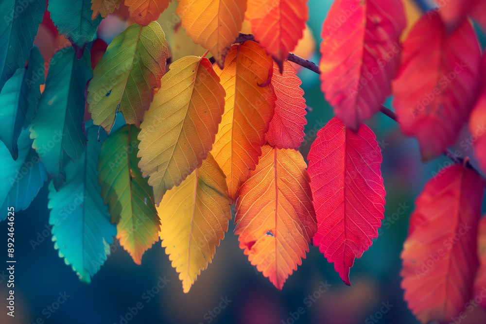 Obraz premium Banner with brightly colored leaves and branches on a blurred background. Concept design for wallpaper, background, and autumn cards with copyspace