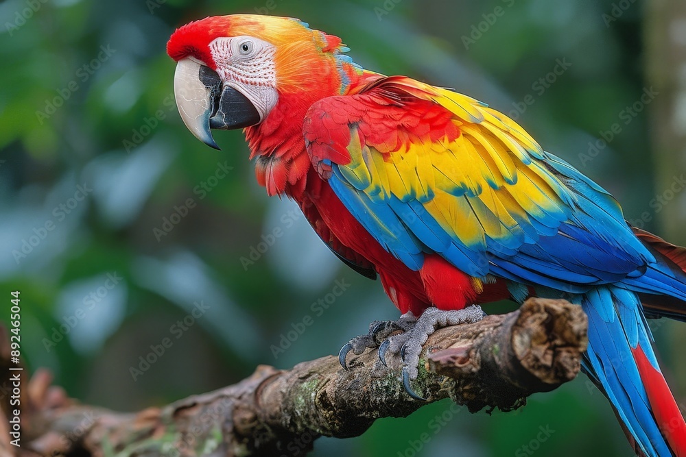 Obraz premium Majestic Macaw on Lush Tropical Branch with Vibrant Feathers and Detailed plumage in a Rainforest Setting