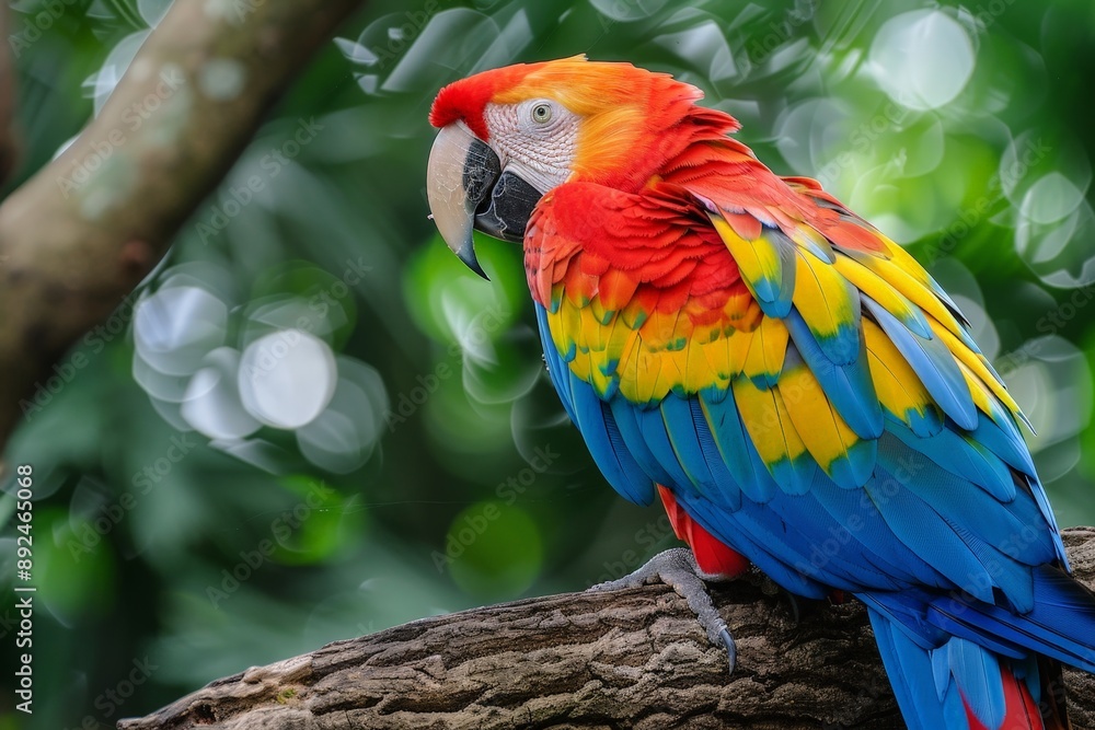 Fototapeta premium Vibrant Macaw Perched on Lush Tropical Tree Branch with Detailed Feathers in Bright Colors