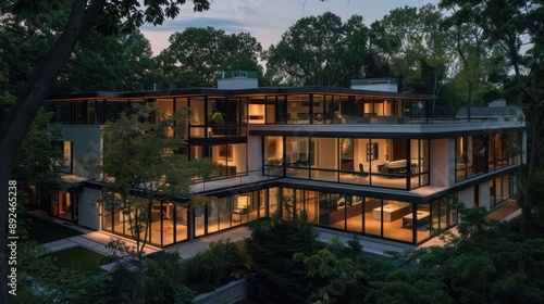 Modern suburban home featuring expansive glass walls and a flat roof, nestled among mature trees, with evening lighting highlighting its minimalist architecture