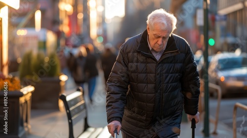 An elderly man uses two canes while walking through a busy city street during sunset, demonstrating determination and independence amidst a fast-paced urban environment.