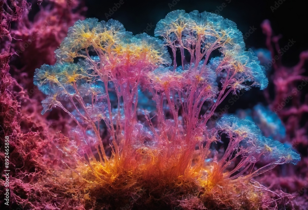 Fototapeta premium Microscope of mucous mold exploding in natural habitat, transparent filaments, shimmering spores. Microbiology laboratory concepts. Generative AI