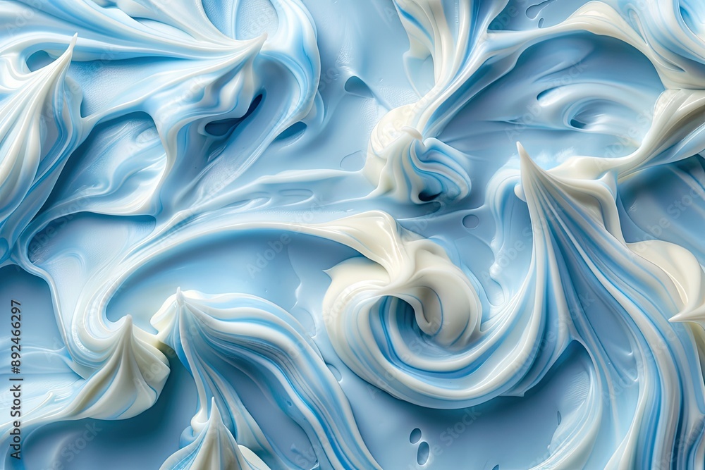 Obraz premium A blue and white frosting swirls on a cake. The frosting is thick and creamy, and the blue and white colors create a calming and soothing effect. The swirls are reminiscent of ocean waves