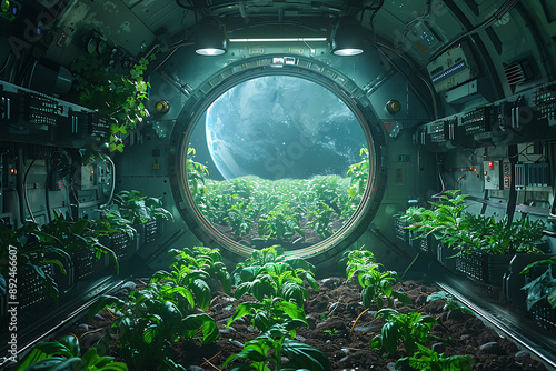 Fototapeta Naklejka Na Ścianę i Meble -  On a space orbital station, experimental crops are being cultivated in microgravity. An astronaut is researching plant growth, representing a technological breakthrough and planetary expansion