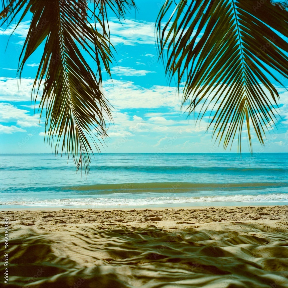 Fototapeta premium Summer beach background of sand, sea, sky and palm leaves