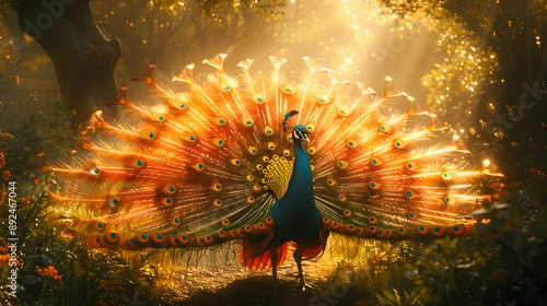 Peacock bird showing feathers in golden sunlight 3d rendering