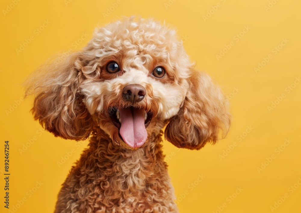 A cute Poodle dog smiling with his tongue out on a yellow background. A cute Poodle dog smiling with his tongue out on a yellow background.