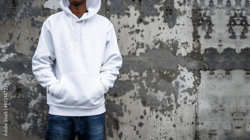 Young Man in White Hoodie Standing Against Urban Concrete Wall