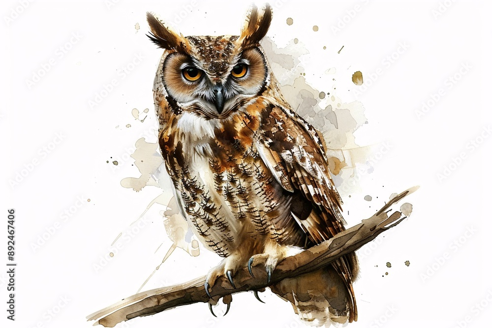 Majestic Watercolor Owl on Branch with Intricate Patterns Majestic Watercolor Owl on Branch with Intricate Patterns