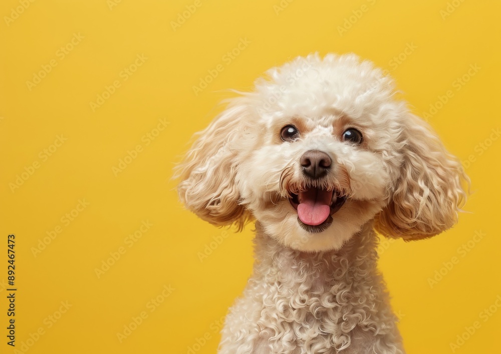 A cute Poodle dog smiling with his tongue out on a yellow background. A cute Poodle dog smiling with his tongue out on a yellow background.