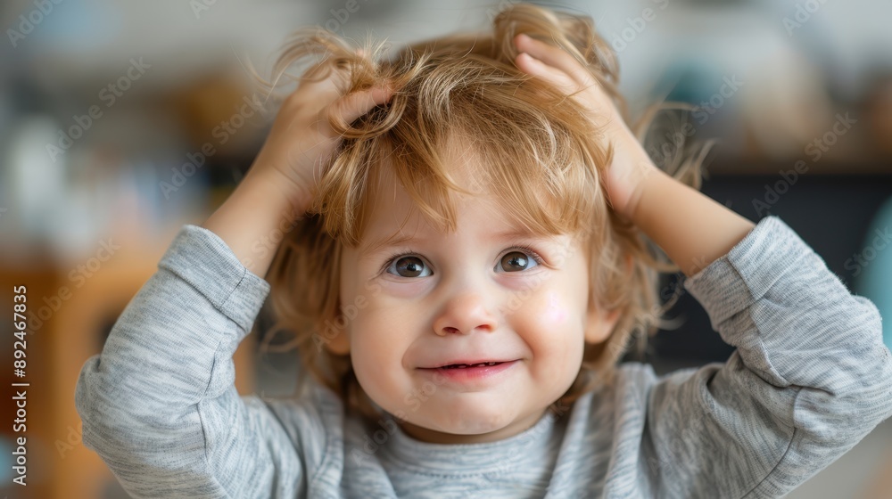 A smiling toddler with light brown, tousled hair, lifting their arms to touch their head, capturing a joyful and playful moment in a brightly lit room. A smiling toddler with light brown, tousled hair, lifting their arms to touch their head, capturing a joyful and playful moment in a brightly lit room.