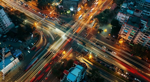 Aerial view of city traffic at night, intersection with cars and street lights in the centre