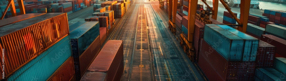 Aerial view of shipping containers in a busy port. Industrial logistics and global trade at sunset. Aerial view of shipping containers in a busy port. Industrial logistics and global trade at sunset.