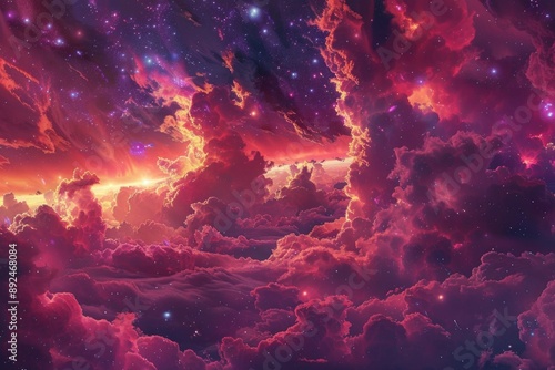 A beautiful night scene with a purple and red sky, featuring fluffy clouds and twinkling stars