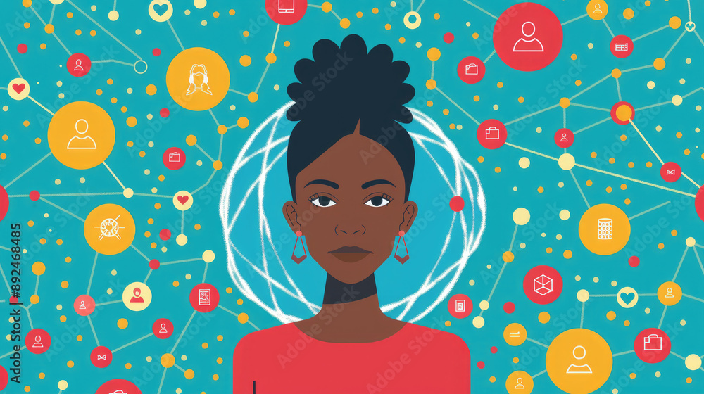 A digital illustration of a Black woman with a network of icons surrounding her, representing connections and relationships A digital illustration of a Black woman with a network of icons surrounding her, representing connections and relationships