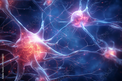 3D concept of neural connections and brain activity. Synapses and neurons send electrical chemical signals. Neuron interconnected neurons with electrical impulses. Design for scientific presentations