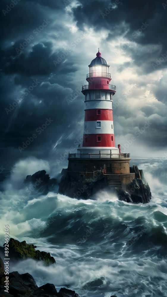 Lighthouse with a burning lantern on a dark night among the raging waves. AI Lighthouse with a burning lantern on a dark night among the raging waves. AI