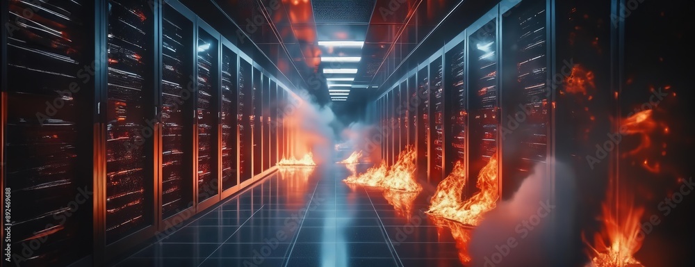 A data center aisle is on fire, with flames and smoke rising from the server racks. A data center aisle is on fire, with flames and smoke rising from the server racks.