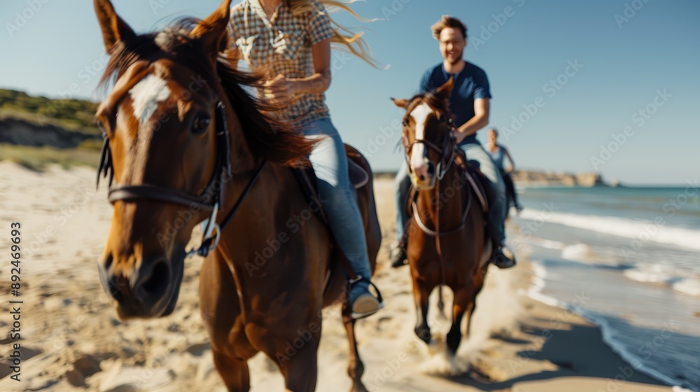 Obraz premium A couple is seen riding horses along a beautiful beach on a sunny afternoon, perfectly capturing the essence of outdoor adventure and the simple pleasures of life.